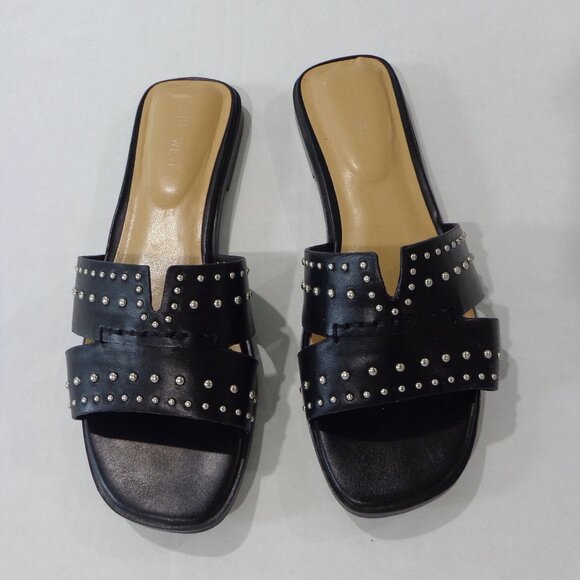 Nine West Womens Sandals Faux‎ Leather Slides Slip on Black Flat Studs Size 9.5M - Picture 1 of 7